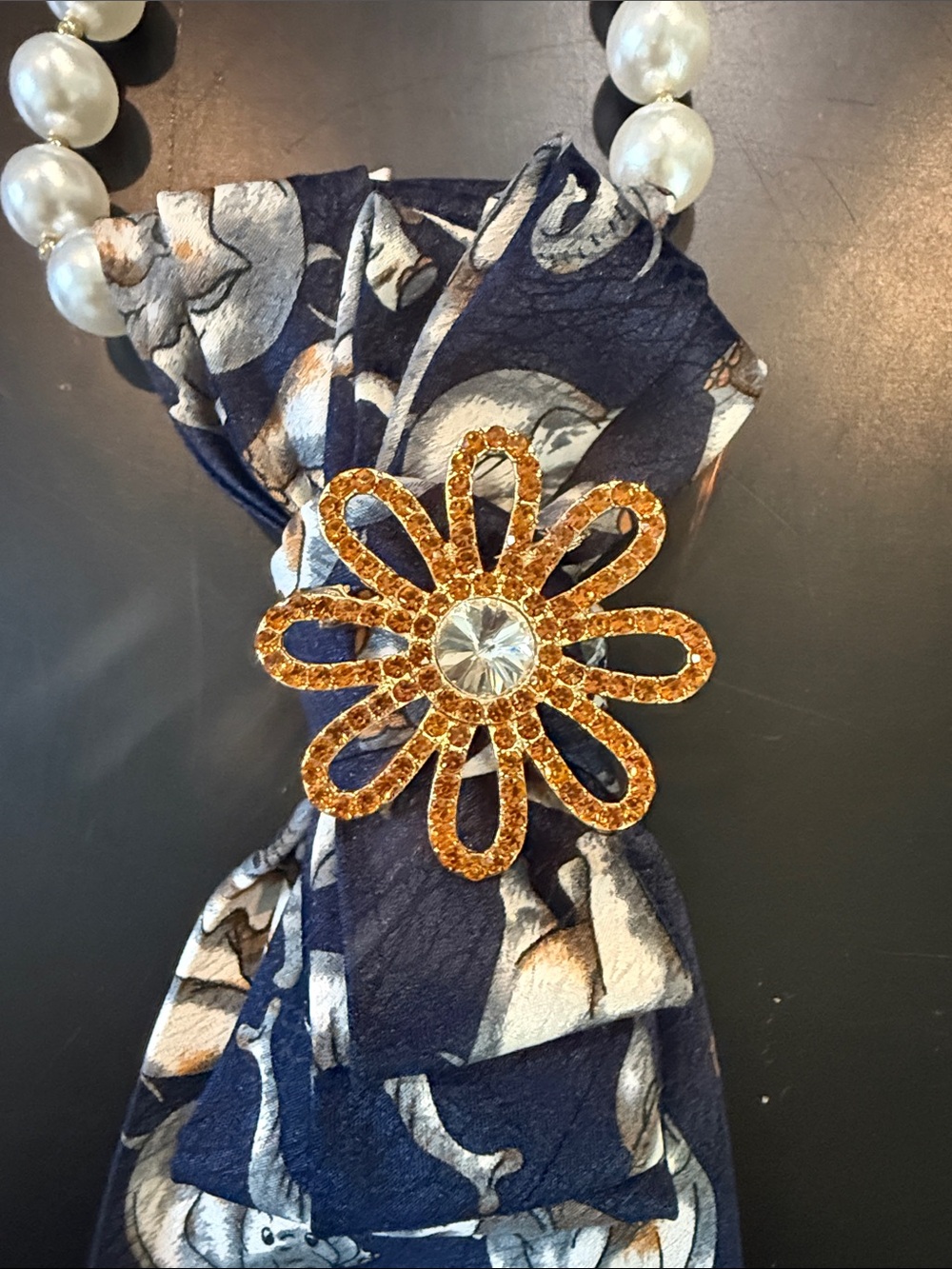 SellersMerch Navy Elephant Print Pearl Tie Necklace with Gold Flower Accent - Picture 2 of 3